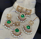VeroniQ Trends-Bridal Multistrand Kundan Polki Choker Necklace With Stone Polki-Gold Plated-Wedding Jewelry-Punjabi Jewelry-South Indian-Thappa Jewelry