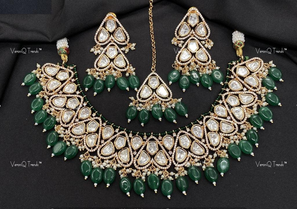 VeroniQ Trends-Bridal Kundan Polki Choker Necklace With Beads Polki-Gold Plated-Wedding Jewellery-Punjabi Jewellery-South Indian-Thappa Jewellery