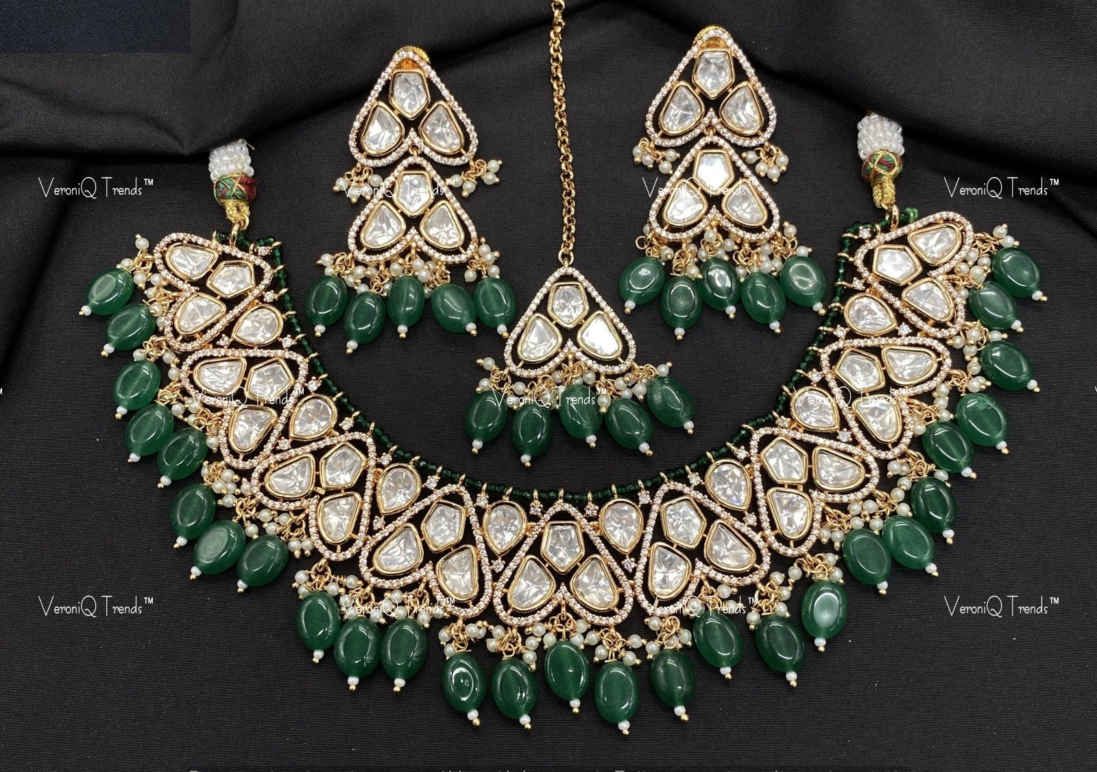 VeroniQ Trends-Bridal Kundan Polki Choker Necklace With Beads Polki-Gold Plated-Wedding Jewellery-Punjabi Jewellery-South Indian-Thappa Jewellery