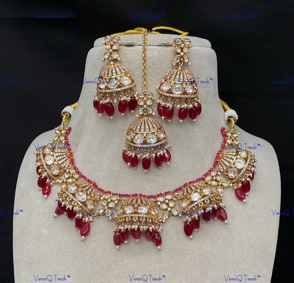 VeroniQ Trends-Kundan Polki Jhumki Drop Necklace With Beads Polki-Gold Plated-Wedding Jewellery-Punjabi Jewellery-South Indian-Thappa Jewellery