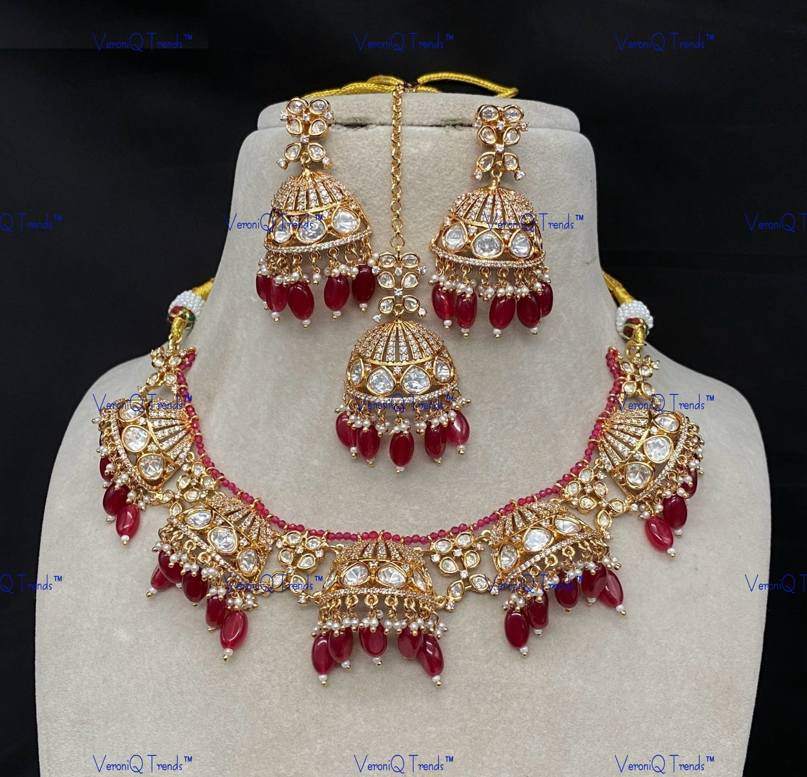 VeroniQ Trends-Kundan Polki Jhumki Drop Necklace With Beads Polki-Gold Plated-Wedding Jewellery-Punjabi Jewellery-South Indian-Thappa Jewellery