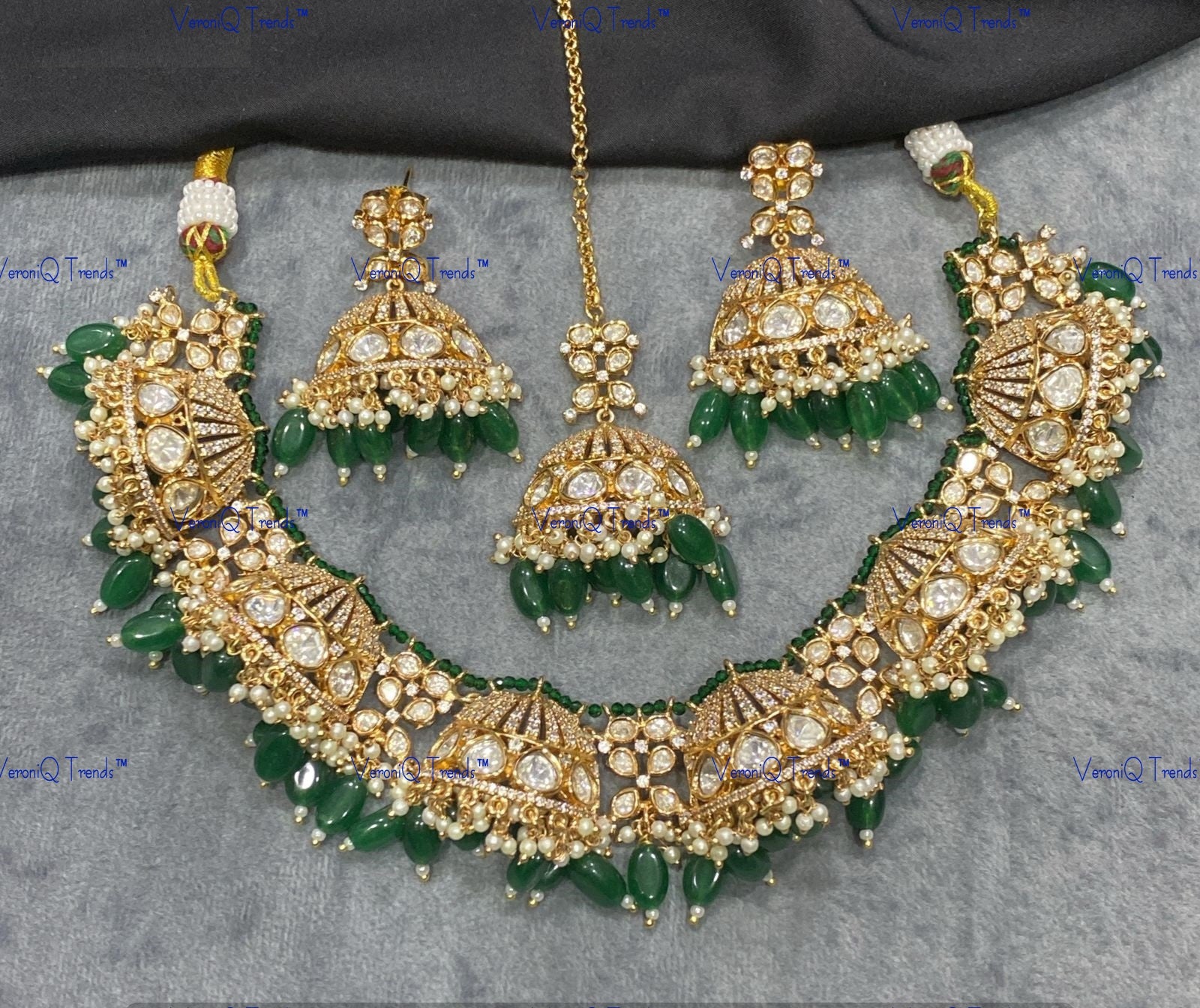VeroniQ Trends-Kundan Polki Jhumki Drop Necklace With Beads Polki-Gold Plated-Wedding Jewellery-Punjabi Jewellery-South Indian-Thappa Jewellery
