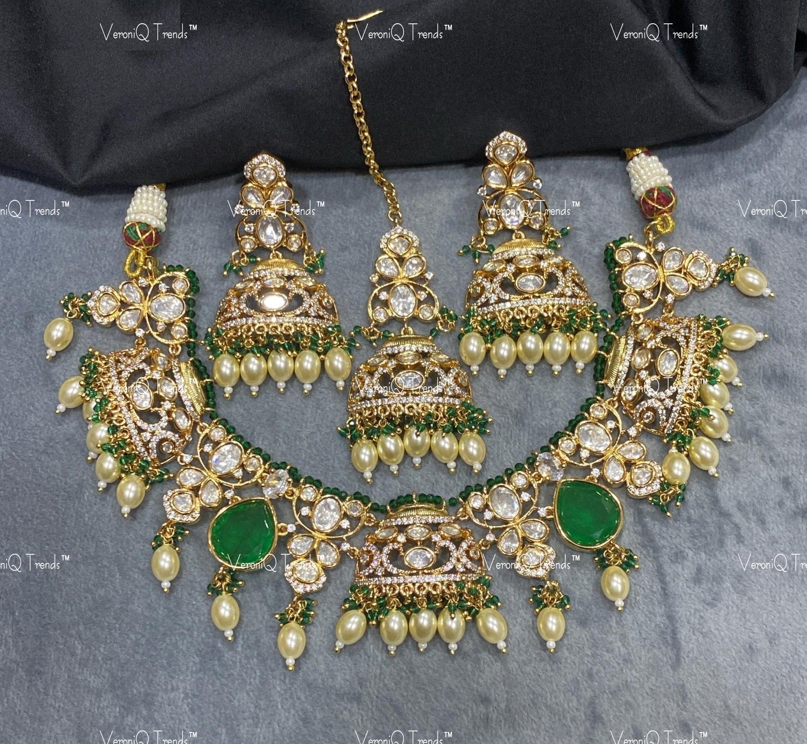 VeroniQ Trends-Bridal Emerald Green Stone Kundan Polki Necklace Polki-Gold Plated-Wedding Jewellery-Punjabi Jewellery-South Indian-Thappa Jewellery