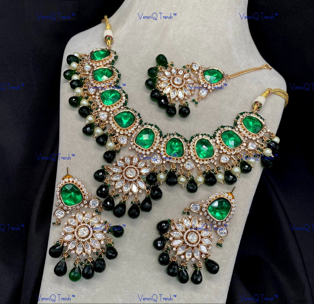 VeroniQ Trends-Traditional Pearl Kundan Polki Necklace With Beads Polki-Gold Plated-Wedding Jewellery-Punjabi Jewellery-South Indian-Thappa Jewellery
