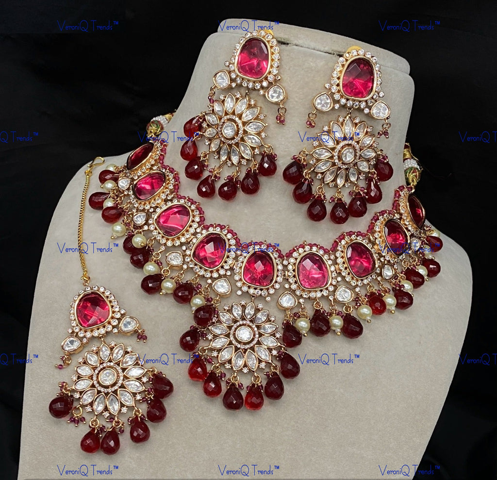 VeroniQ Trends-Traditional Pearl Kundan Polki Necklace With Beads Polki-Gold Plated-Wedding Jewellery-Punjabi Jewellery-South Indian-Thappa Jewellery