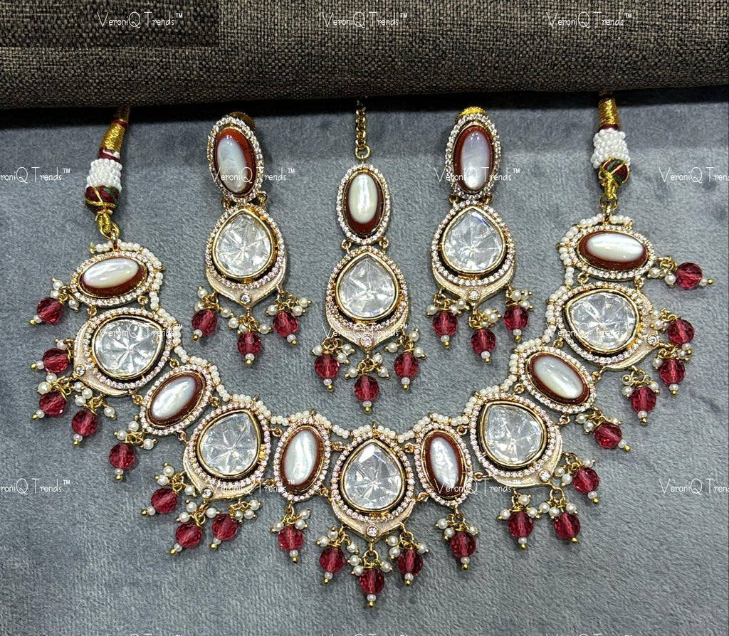 VeroniQ Trends-Party Wear Single Line Kundan Polki Necklace With Beads Polki-Gold Plated-Wedding Jewellery-Punjabi Jewellery-South Indian-Thappa Jewellery
