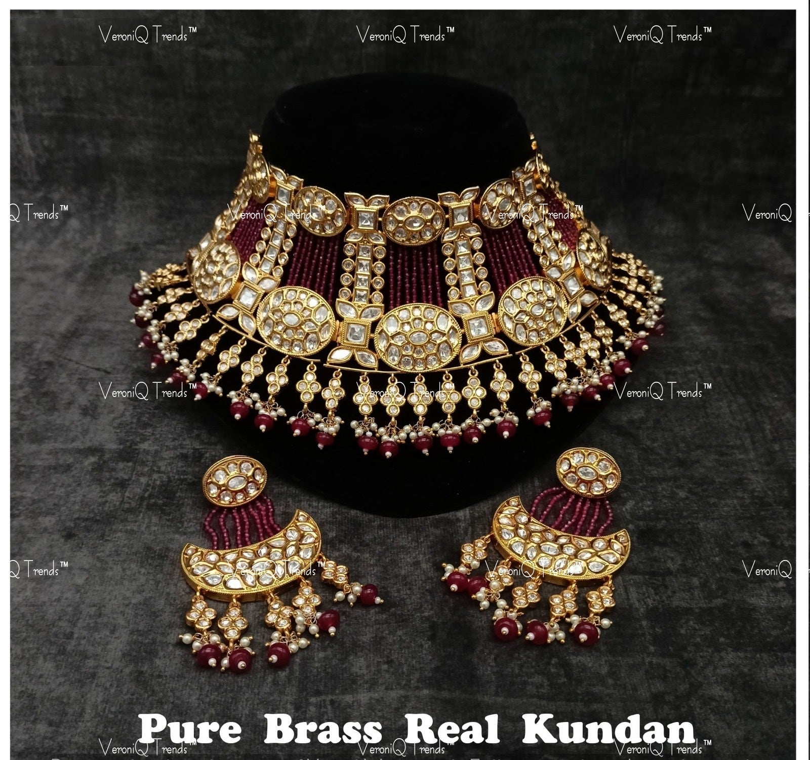 VeroniQ Trends-Bridal Passa Style Kundan Polki Choker Necklace With Red Beads Polki-Gold Plated-Wedding Jewellery-Punjabi Jewellery-South Indian-Thappa Jewellery