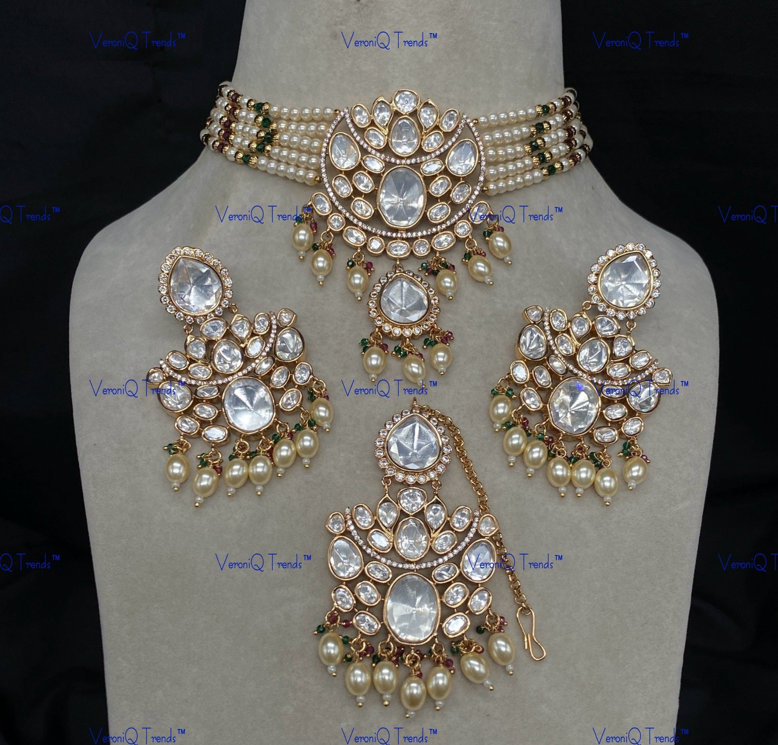 VeroniQ Trends-Bridal Multistrand Pearl Beaded Kundan Polki Choker Necklace Polki-Gold Plated-Wedding Jewellery-Punjabi Jewellery-South Indian-Thappa Jewellery