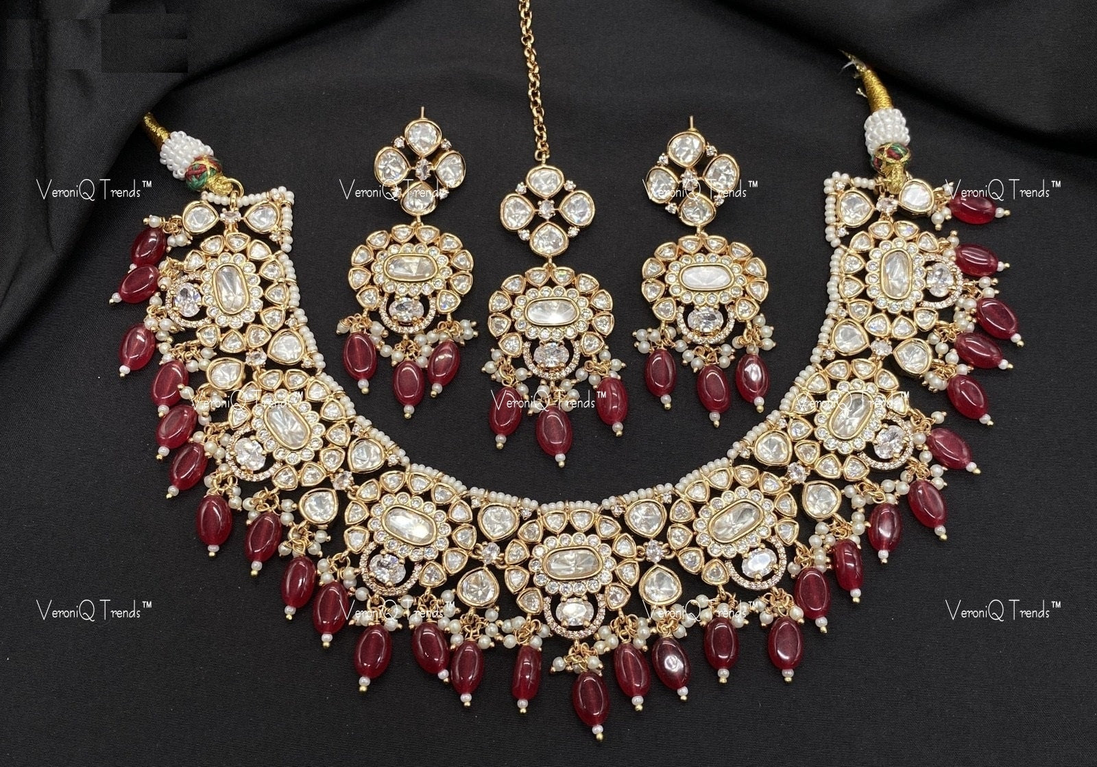 VeroniQ Trends-Traditional Kundan Polki Beaded Necklace Polki-Gold Plated-Wedding Jewellery-Punjabi Jewellery-South Indian-Thappa Jewellery