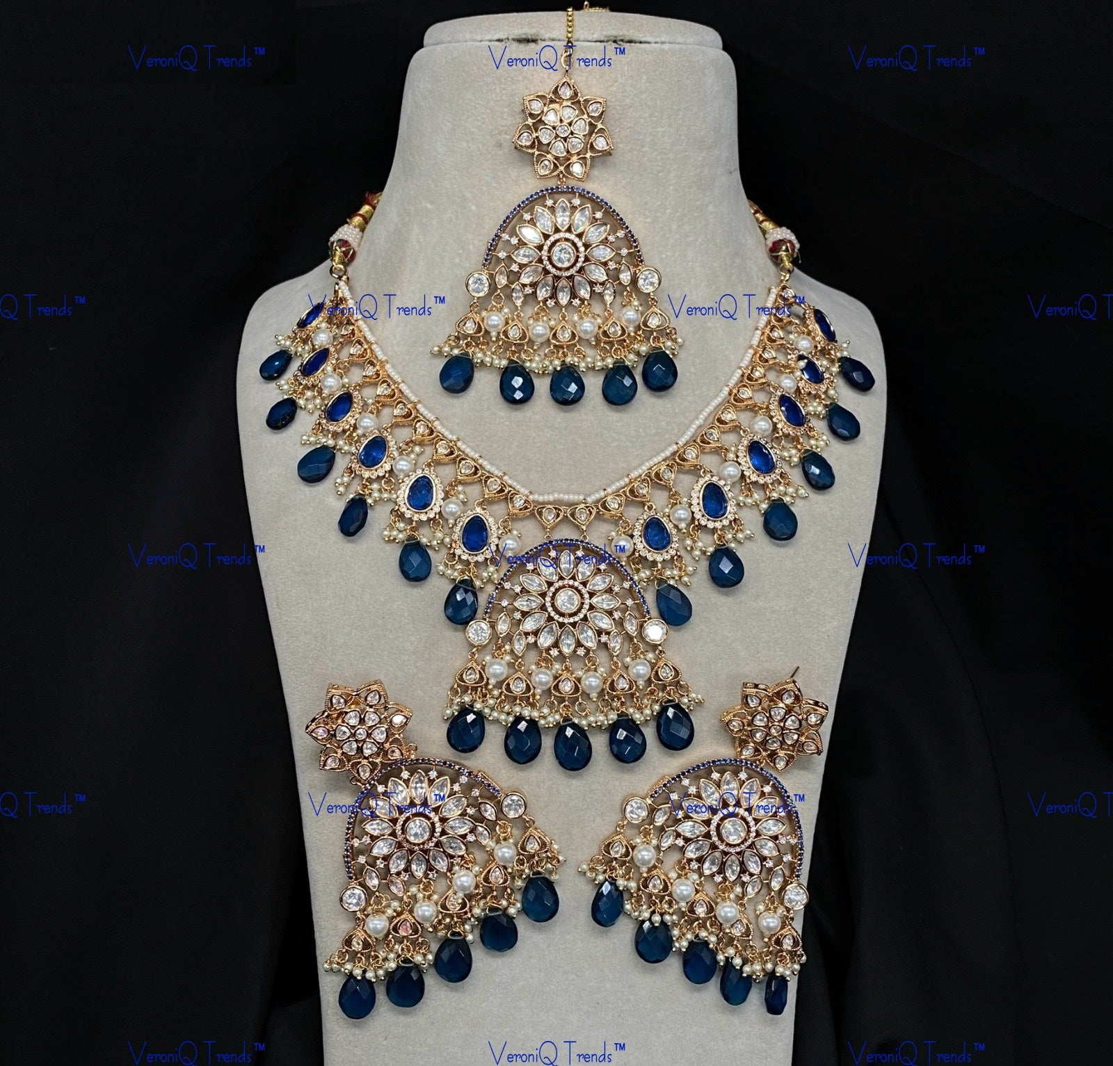 VeroniQ Trends-Bridal Floral Sapphire Beaded Kundan Polki Necklace Polki-Gold Plated-Wedding Jewellery-Punjabi Jewellery-South Indian-Thappa Jewellery