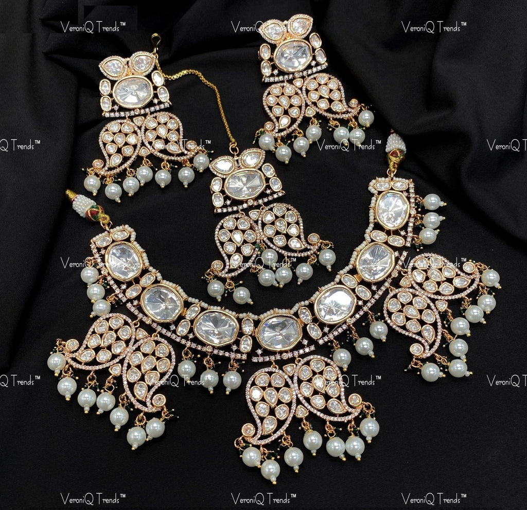 VeroniQ Trends-Traditional Bridal Pearl And Kundan Polki Necklace Polki-Gold Plated-Wedding Jewellery-Punjabi Jewellery-South Indian-Thappa Jewellery