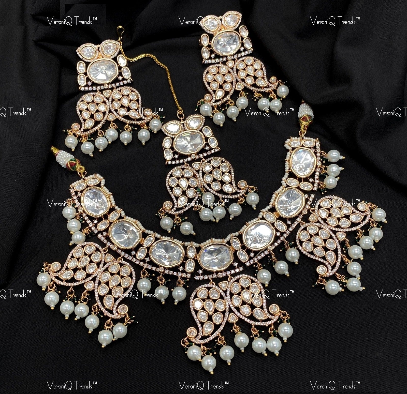 VeroniQ Trends-Traditional Bridal Pearl And Kundan Polki Necklace Polki-Gold Plated-Wedding Jewellery-Punjabi Jewellery-South Indian-Thappa Jewellery