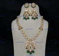 VeroniQ Trends-Victorian Kundan Polki Green Beaded Long Necklace With Peacock Motif Polki-Gold Plated-Wedding Jewellery-Punjabi Jewellery-South Indian-Thappa Jewellery