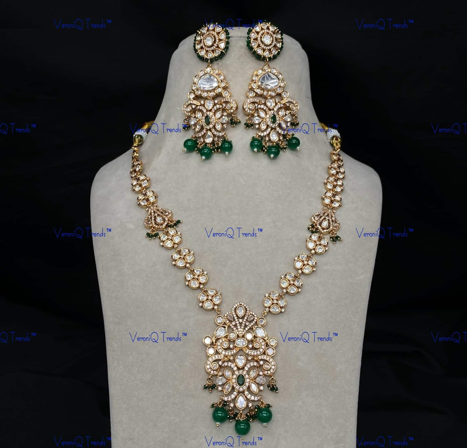 VeroniQ Trends-Victorian Kundan Polki Green Beaded Long Necklace With Peacock Motif Polki-Gold Plated-Wedding Jewellery-Punjabi Jewellery-South Indian-Thappa Jewellery