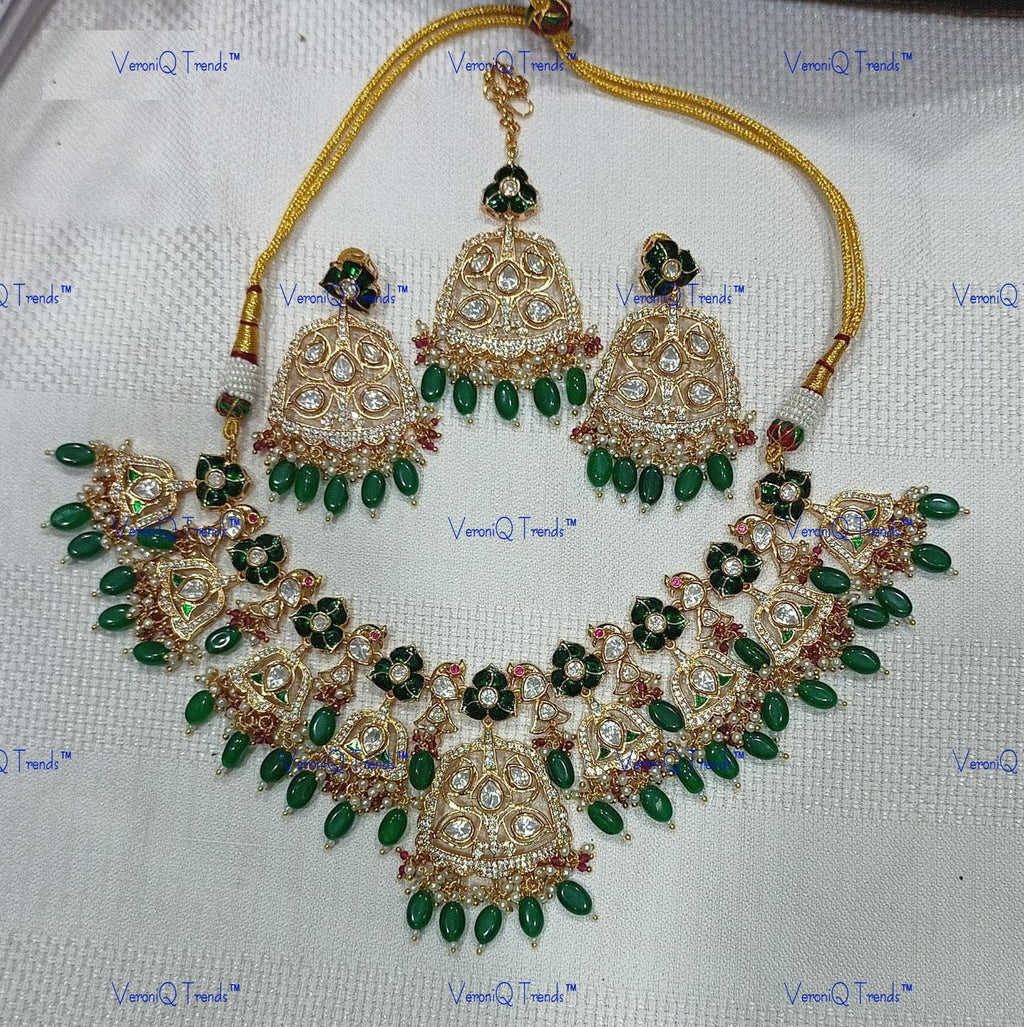 VeroniQ Trends-Peacock And Floral Kundan Polki Green Beaded Necklace Polki-Gold Plated-Wedding Jewellery-Punjabi Jewellery-South Indian-Thappa Jewellery