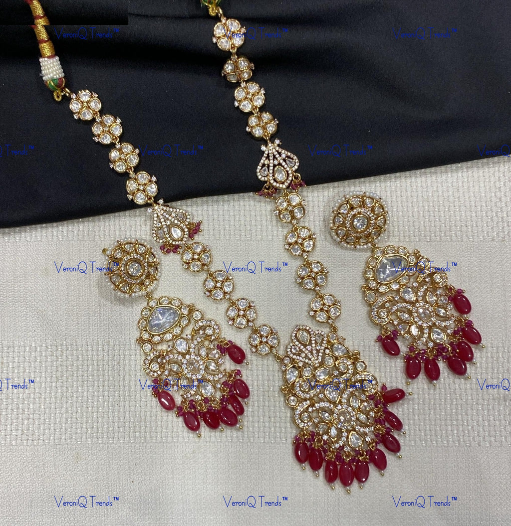 VeroniQ Trends-Victorian Kundan Polki Green Beaded Long Necklace With Peacock Motif Polki-Gold Plated-Wedding Jewellery-Punjabi Jewellery-South Indian-Thappa Jewellery