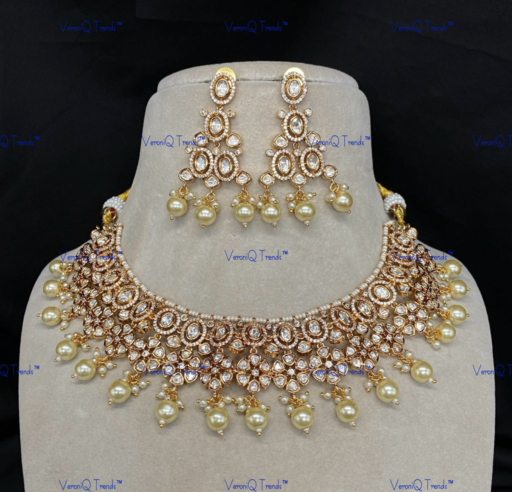 VeroniQ Trends-Floral Design Beaded Kundan Polki Necklace Polki-Gold Plated-Wedding Jewellery-Punjabi Jewellery-South Indian-Thappa Jewellery