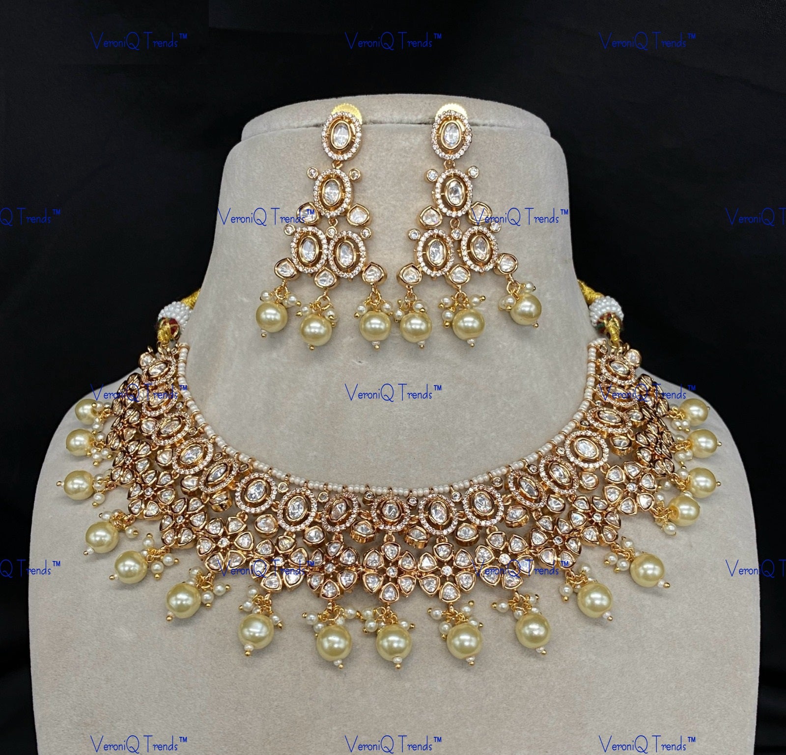 VeroniQ Trends-Floral Design Beaded Kundan Polki Necklace Polki-Gold Plated-Wedding Jewellery-Punjabi Jewellery-South Indian-Thappa Jewellery