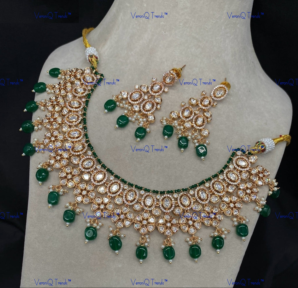 VeroniQ Trends-Floral Design Beaded Kundan Polki Necklace Polki-Gold Plated-Wedding Jewellery-Punjabi Jewellery-South Indian-Thappa Jewellery