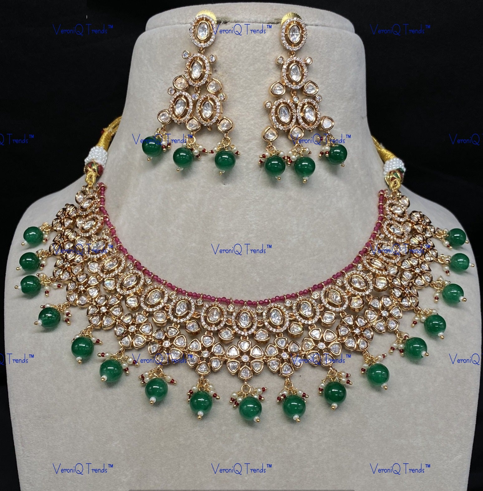 VeroniQ Trends-Floral Design Beaded Kundan Polki Necklace Polki-Gold Plated-Wedding Jewellery-Punjabi Jewellery-South Indian-Thappa Jewellery