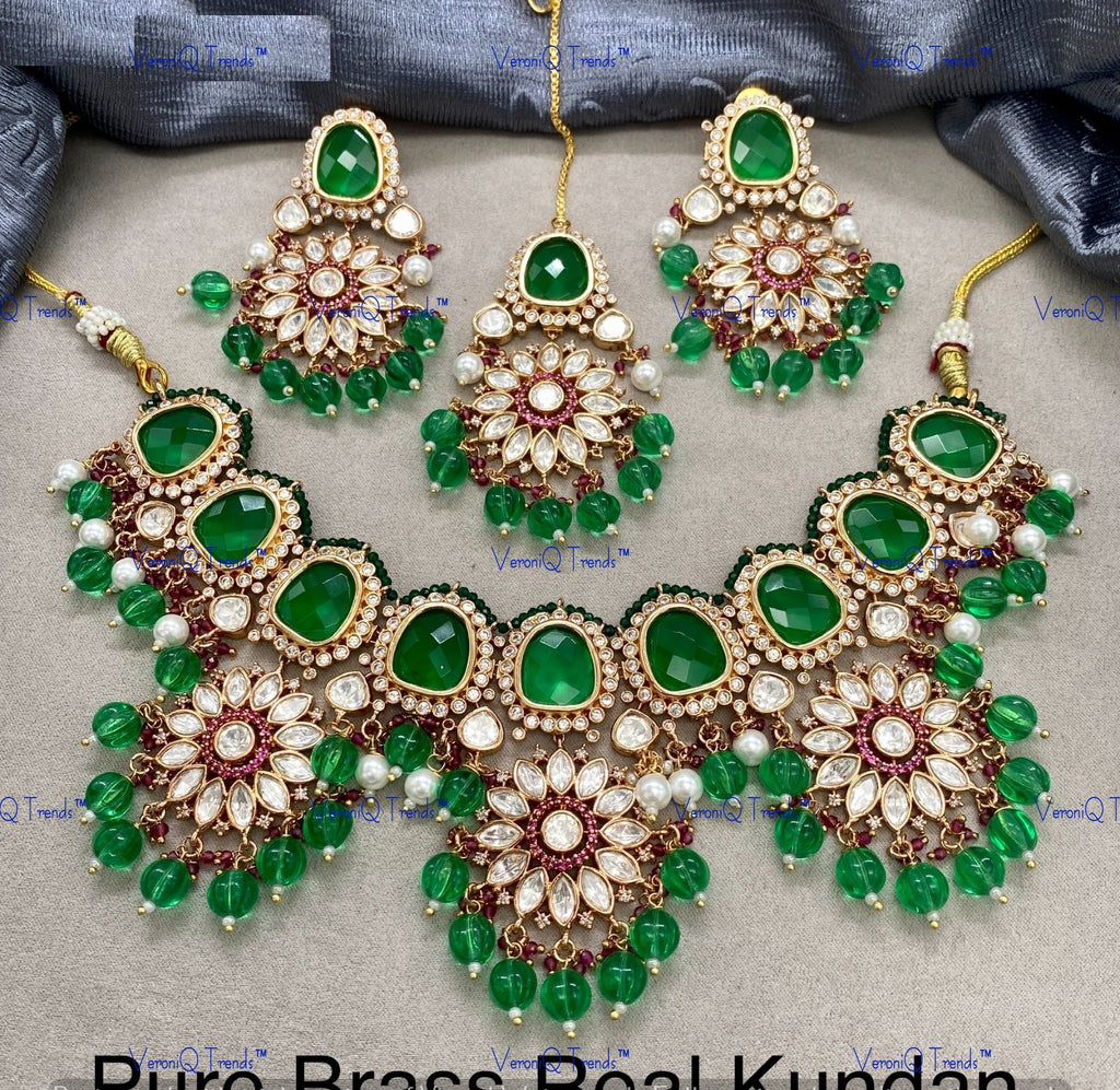 VeroniQ Trends-Bridal Floral Kundan Polki Choker Necklace Polki-Gold Plated-Wedding Jewellery-Punjabi Jewellery-South Indian-Thappa Jewellery