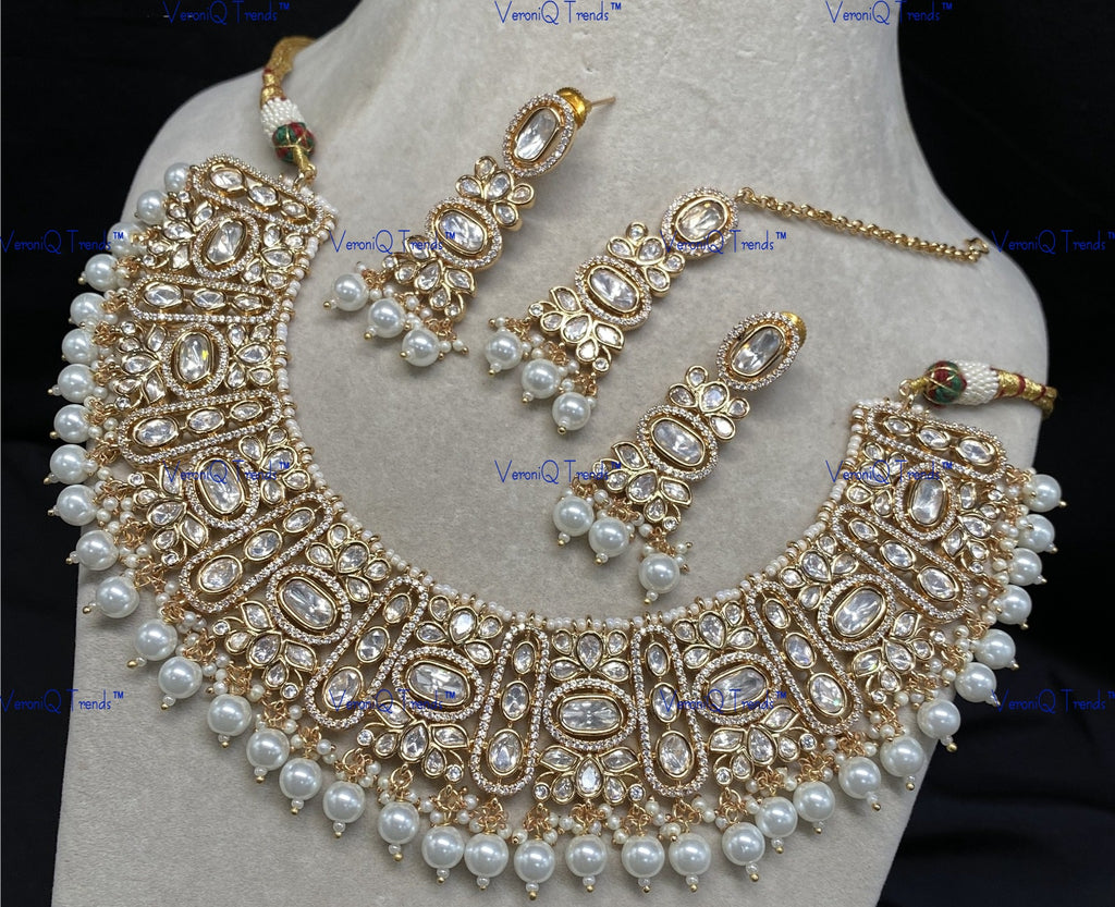 VeroniQ Trends-Victorian Bridal Kundan Polki Necklace With Beads Polki-Gold Plated-Wedding Jewellery-Punjabi Jewellery-South Indian-Thappa Jewellery