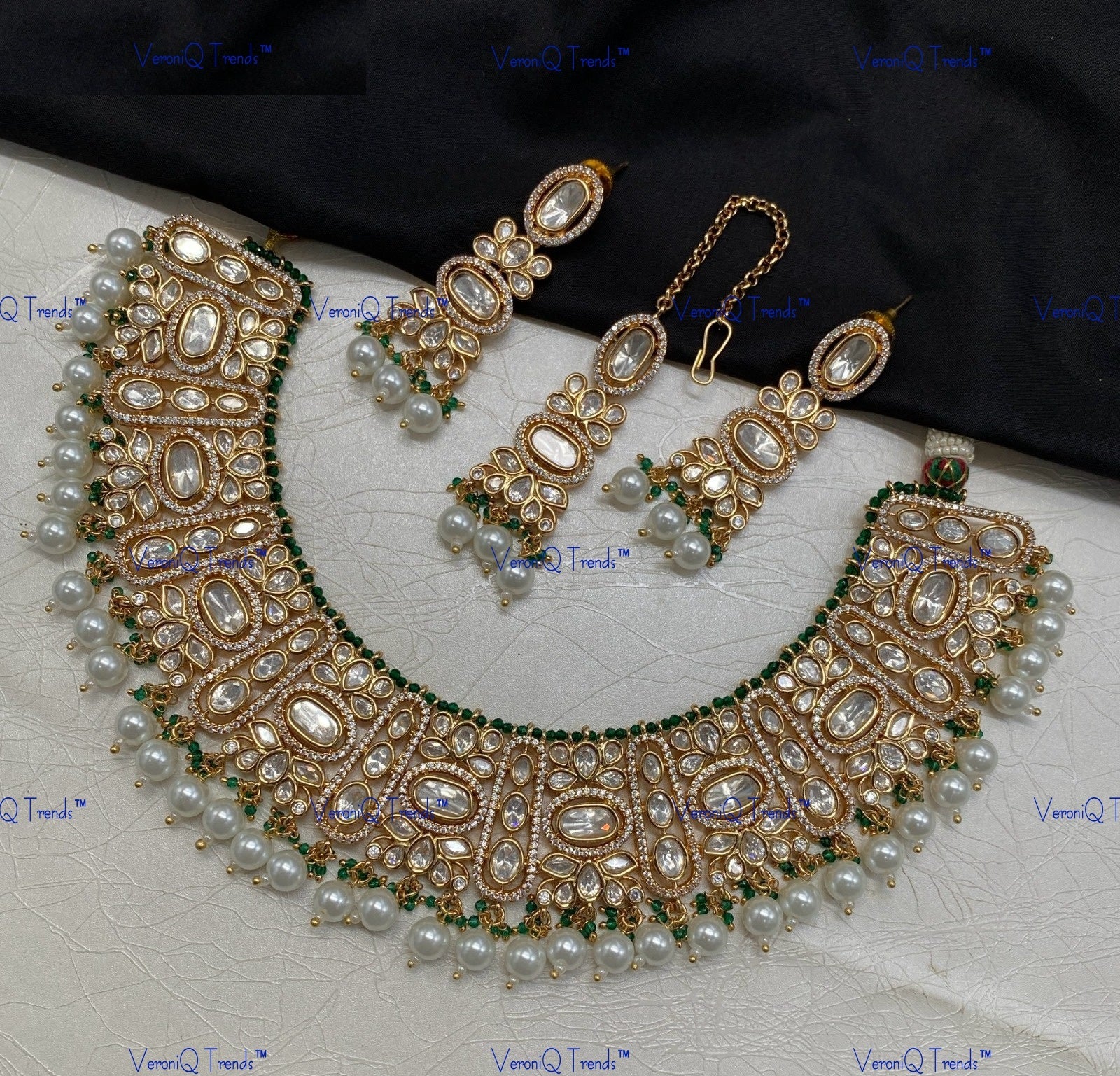 VeroniQ Trends-Victorian Bridal Kundan Polki Necklace With Beads Polki-Gold Plated-Wedding Jewellery-Punjabi Jewellery-South Indian-Thappa Jewellery