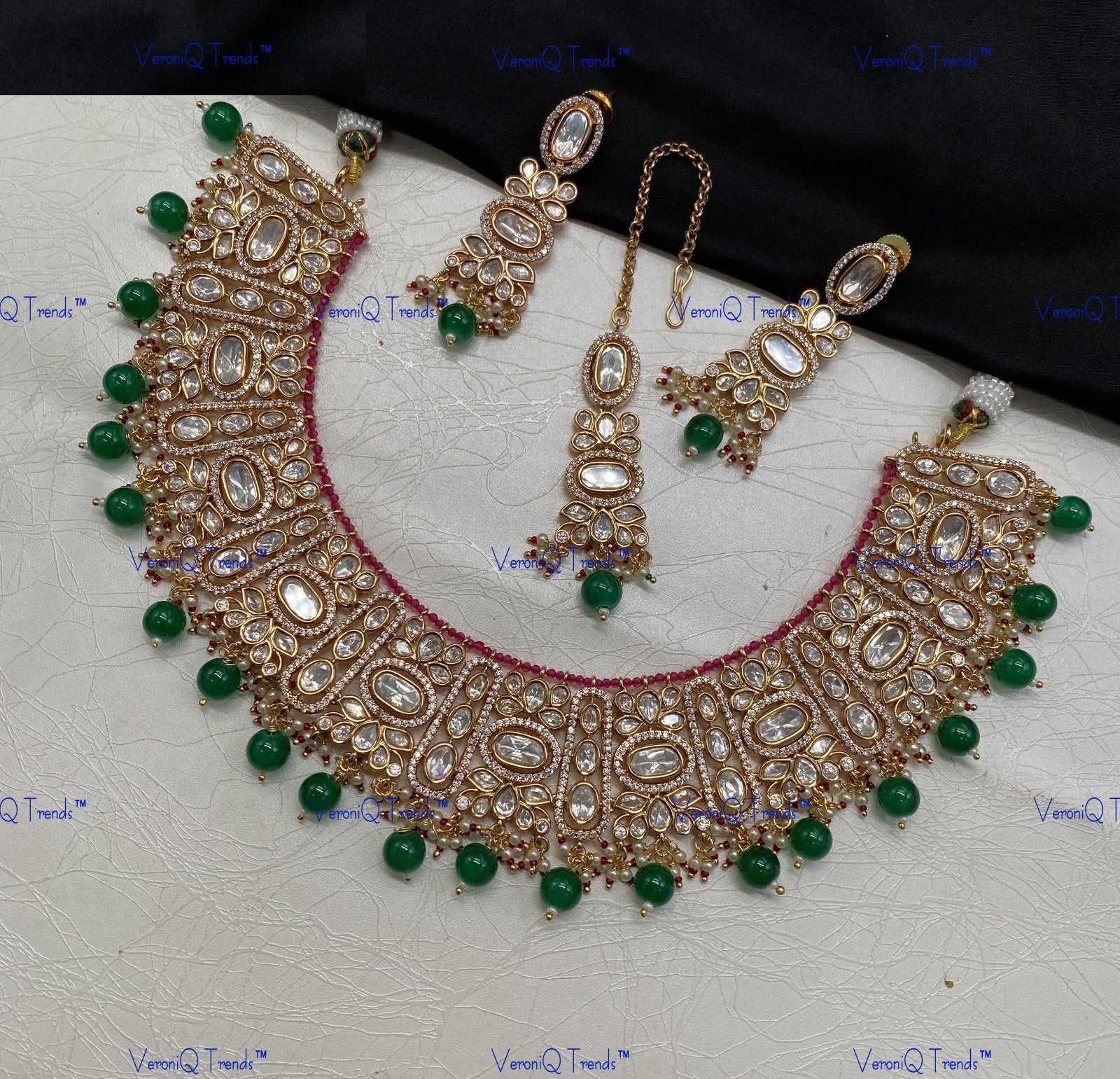 VeroniQ Trends-Victorian Bridal Kundan Polki Necklace With Beads Polki-Gold Plated-Wedding Jewellery-Punjabi Jewellery-South Indian-Thappa Jewellery