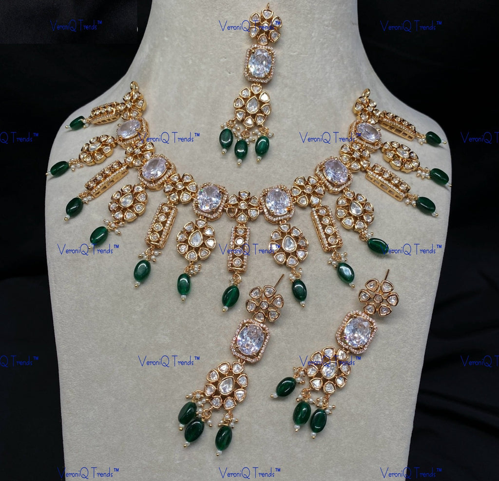 VeroniQ Trends-Victorian Floral Design Uncut Polki Necklace With Beads Polki-Gold Plated-Wedding Jewellery-Punjabi Jewellery-South Indian-Thappa Jewellery
