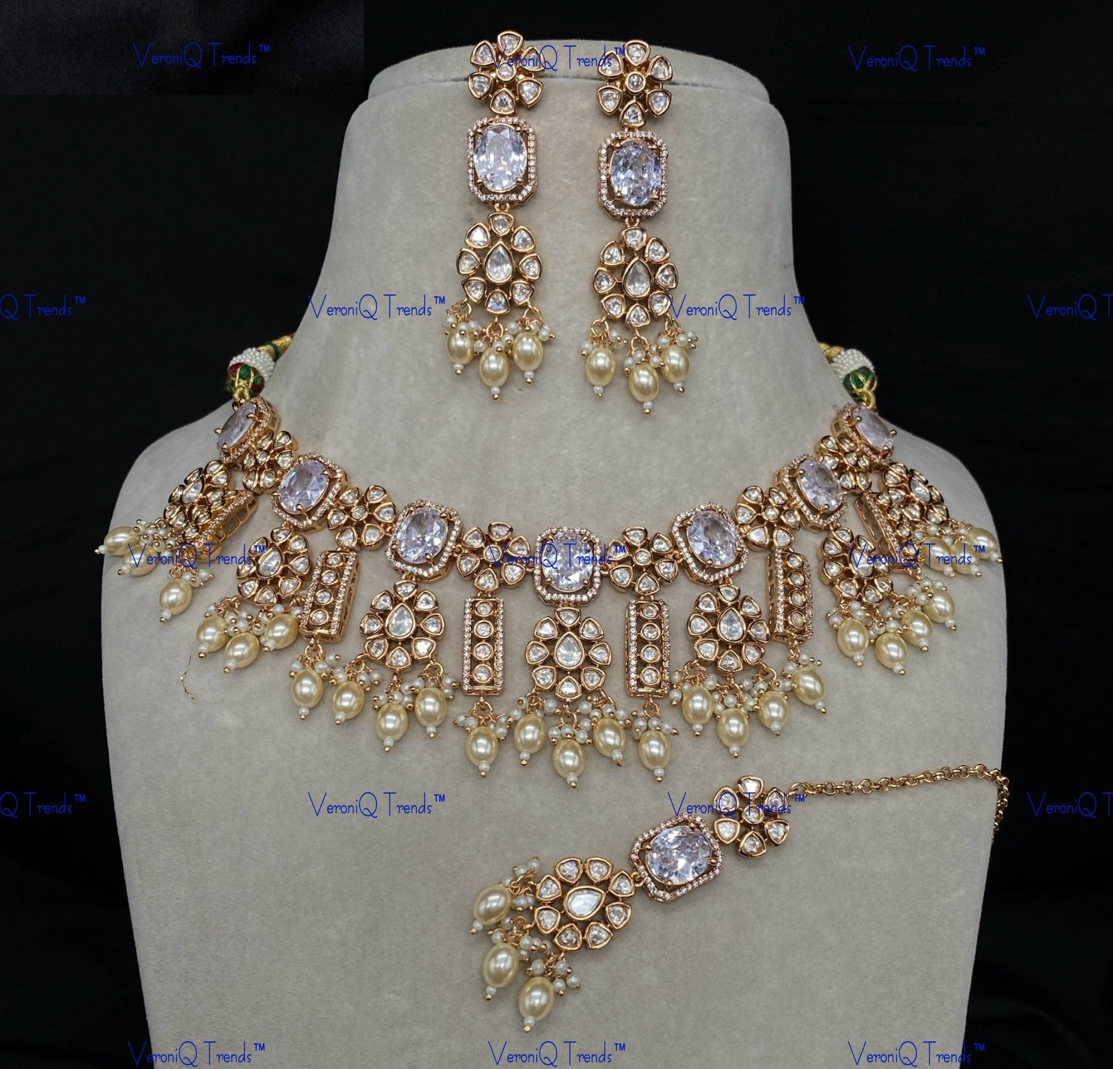 VeroniQ Trends-Victorian Floral Design Uncut Polki Necklace With Beads Polki-Gold Plated-Wedding Jewellery-Punjabi Jewellery-South Indian-Thappa Jewellery