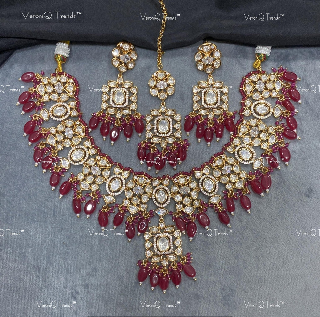VeroniQ Trends-Traditional Jadau Kundan Polki Necklace With Beads Polki-Gold Plated-Wedding Jewellery-Punjabi Jewellery-South Indian-Thappa Jewellery