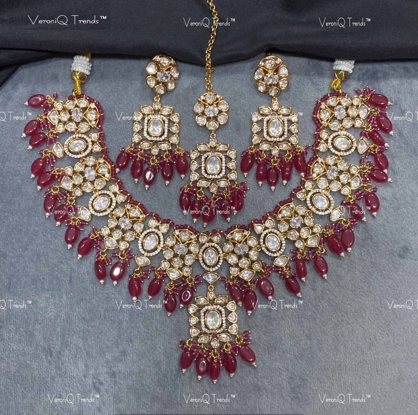 VeroniQ Trends-Traditional Jadau Kundan Polki Necklace With Beads Polki-Gold Plated-Wedding Jewellery-Punjabi Jewellery-South Indian-Thappa Jewellery