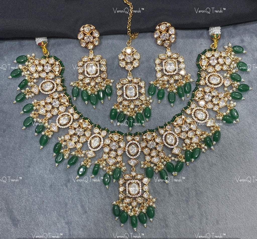 VeroniQ Trends-Traditional Jadau Kundan Polki Necklace With Beads Polki-Gold Plated-Wedding Jewellery-Punjabi Jewellery-South Indian-Thappa Jewellery