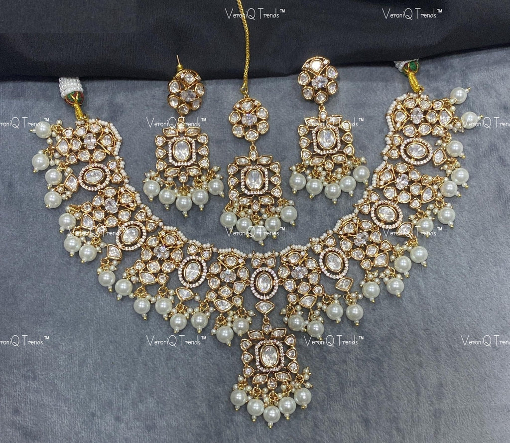 VeroniQ Trends-Traditional Jadau Kundan Polki Necklace With Beads Polki-Gold Plated-Wedding Jewellery-Punjabi Jewellery-South Indian-Thappa Jewellery