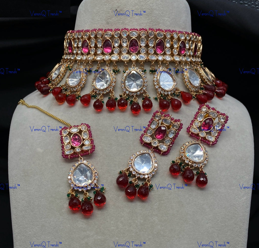 VeroniQ Trends-Traditional Big Kundan Polki Choker Necklace With Beads Polki-Gold Plated-Wedding Jewellery-Punjabi Jewellery-South Indian-Thappa Jewellery