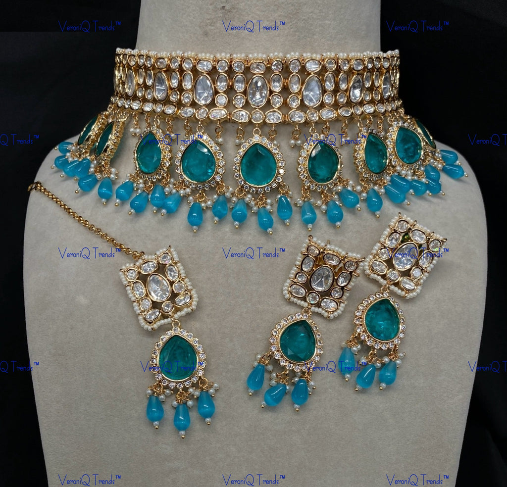 VeroniQ Trends-Traditional Big Kundan Polki Choker Necklace With Beads Polki-Gold Plated-Wedding Jewellery-Punjabi Jewellery-South Indian-Thappa Jewellery
