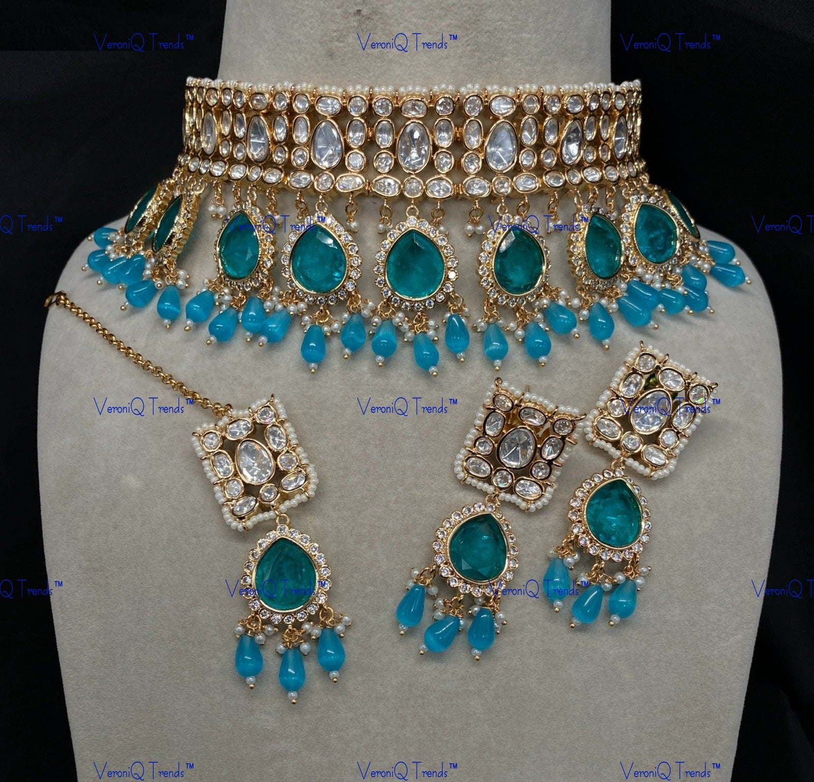 VeroniQ Trends-Traditional Big Kundan Polki Choker Necklace With Beads Polki-Gold Plated-Wedding Jewellery-Punjabi Jewellery-South Indian-Thappa Jewellery