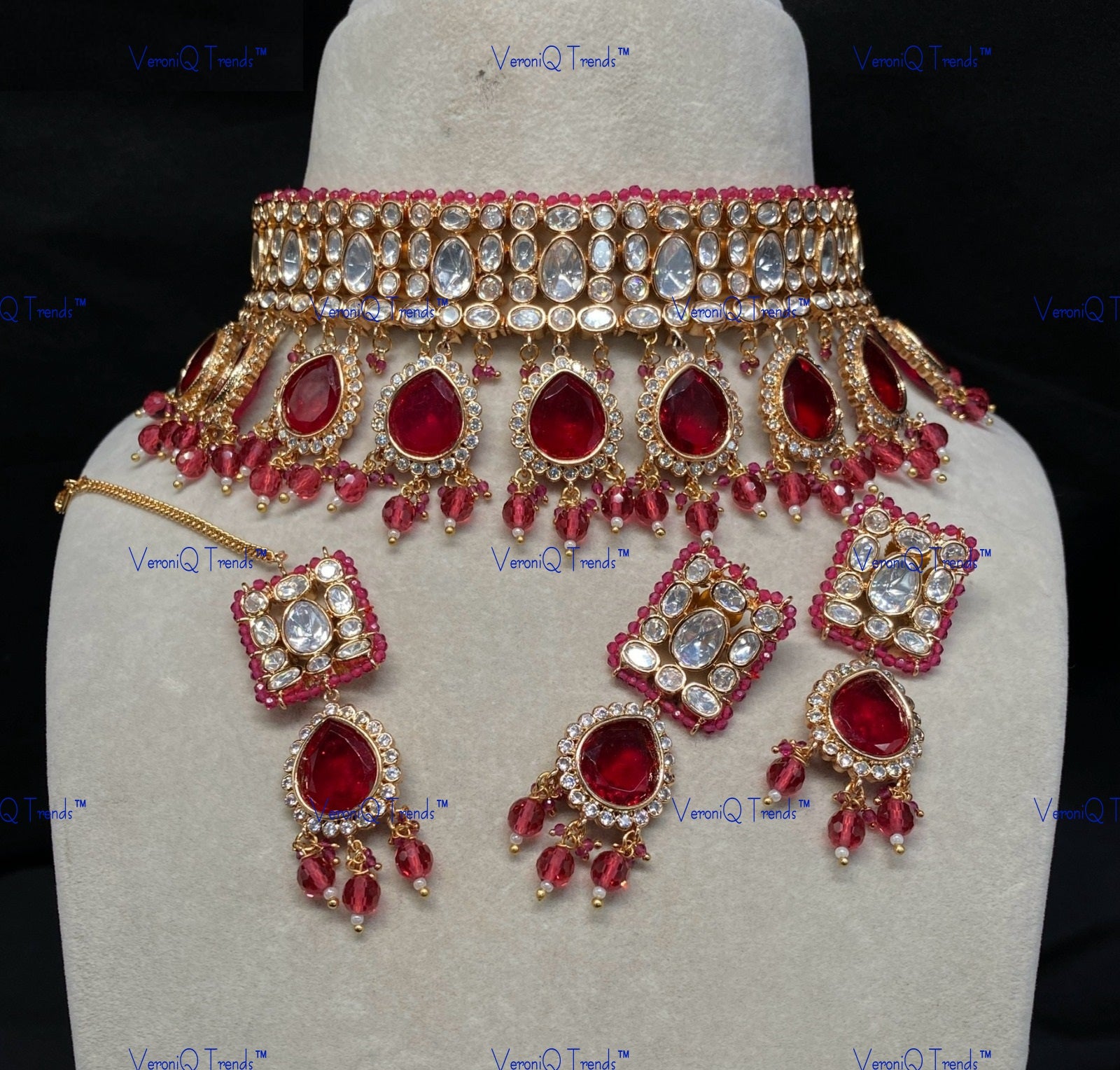 VeroniQ Trends-Traditional Big Kundan Polki Choker Necklace With Beads Polki-Gold Plated-Wedding Jewellery-Punjabi Jewellery-South Indian-Thappa Jewellery