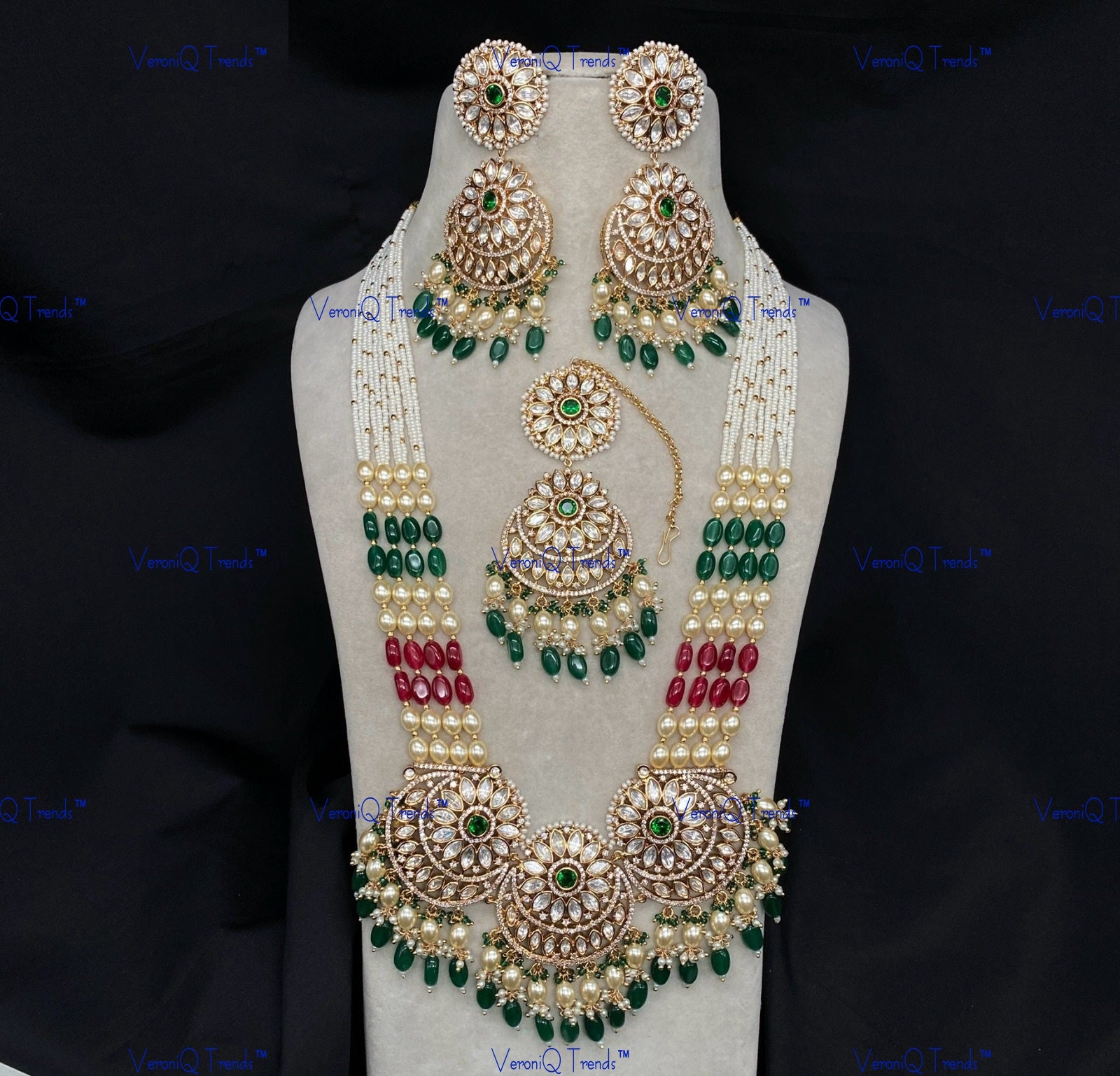 VeroniQ Trends-Multistrand Kundan Polki Long Rani Haar Necklace In Mughal Style Polki-Gold Plated-Wedding Jewellery-Punjabi Jewellery-South Indian-Thappa Jewellery