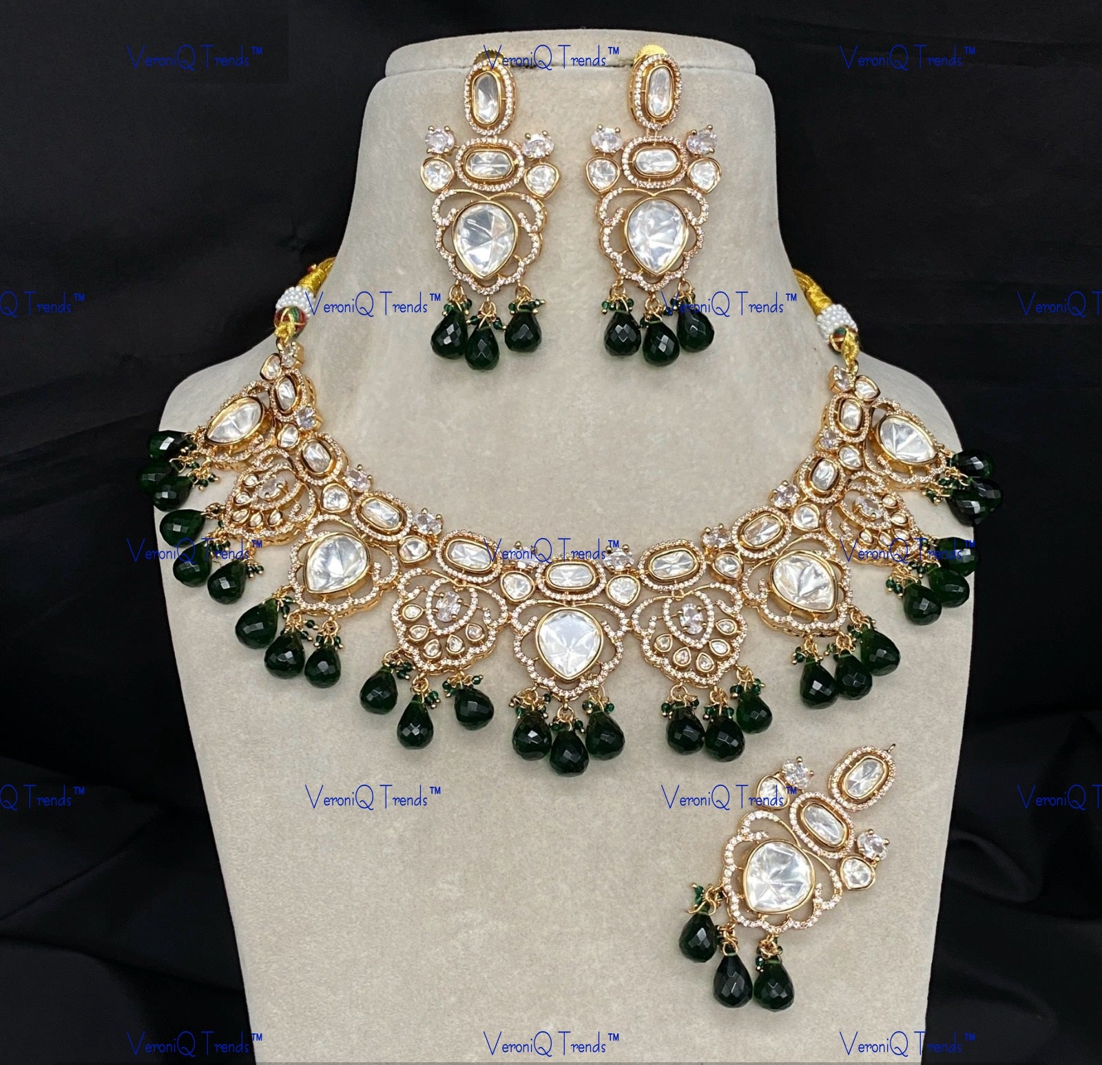 VeroniQ Trends-Victorian Kundan Polki with Beads Necklace Polki-Gold Plated-Wedding Jewellery-Punjabi Jewellery-South Indian-Thappa Jewellery
