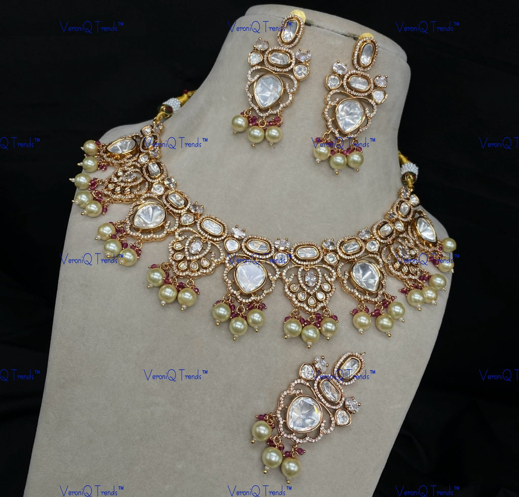 VeroniQ Trends-Victorian Kundan Polki with Beads Necklace Polki-Gold Plated-Wedding Jewellery-Punjabi Jewellery-South Indian-Thappa Jewellery