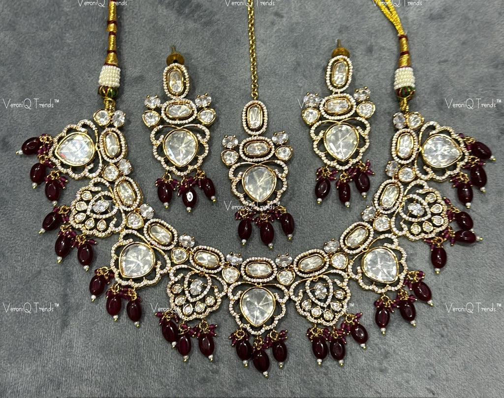 VeroniQ Trends-Victorian Kundan Polki with Beads Necklace Polki-Gold Plated-Wedding Jewellery-Punjabi Jewellery-South Indian-Thappa Jewellery
