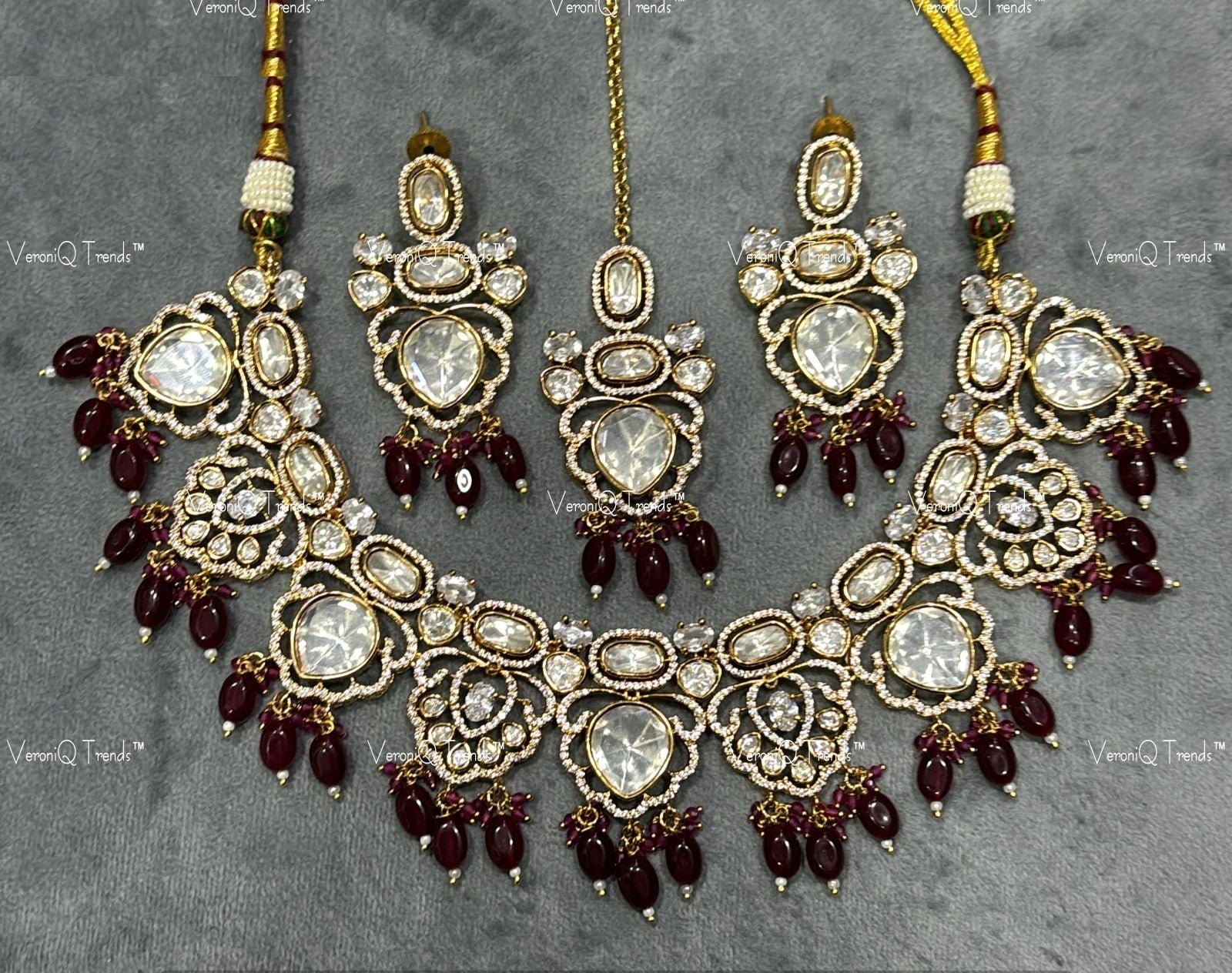VeroniQ Trends-Victorian Kundan Polki with Beads Necklace Polki-Gold Plated-Wedding Jewellery-Punjabi Jewellery-South Indian-Thappa Jewellery