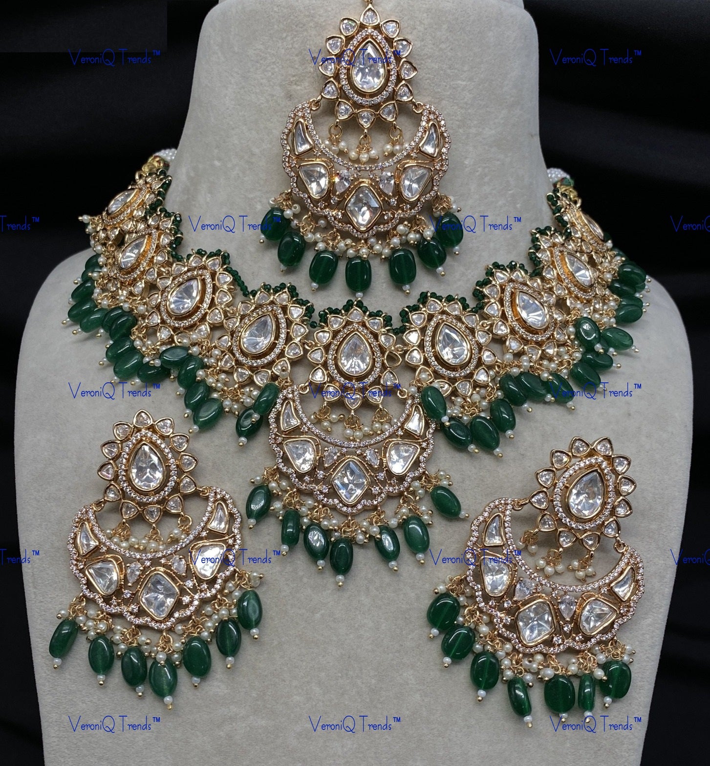 VeroniQ Trends-Victorian Bridal Heavy Kundan Polki Necklace With Beads Polki-Gold Plated-Wedding Jewellery-Punjabi Jewellery-South Indian-Thappa Jewellery