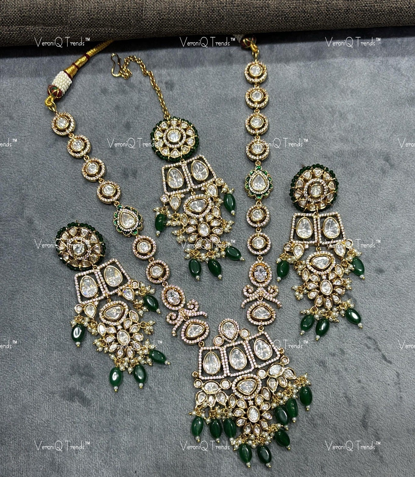 VeroniQ Trends-Victorian Bridal Heavy Kundan Polki Long Necklace With Green Beads Polki-Gold Plated-Wedding Jewellery-Punjabi Jewellery-South Indian-Thappa Jewellery