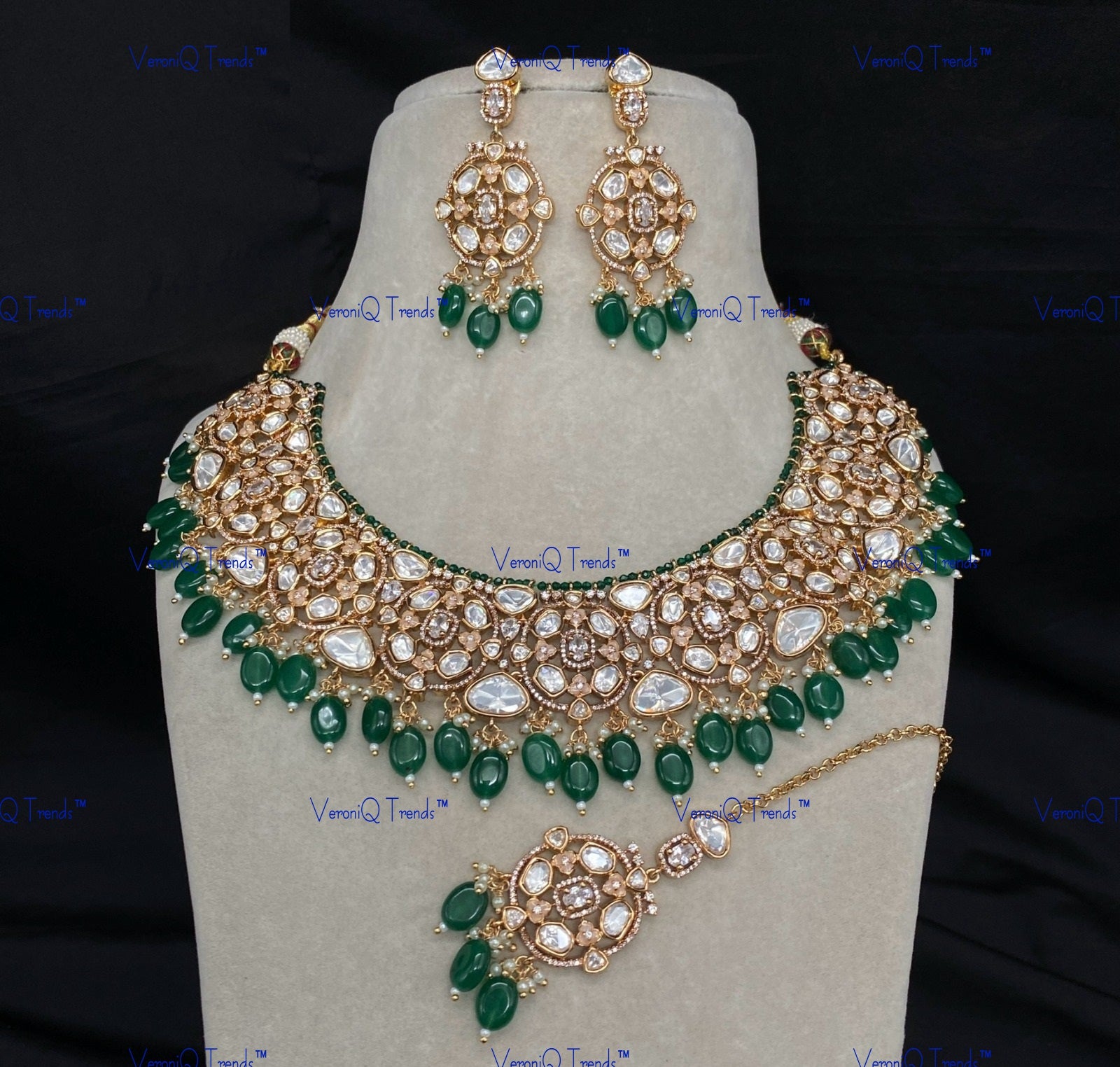 VeroniQ Trends-Bridal Gold Plated Kundan Polki Necklace With Beads Polki-Gold Plated-Wedding Jewellery-Punjabi Jewellery-South Indian-Thappa Jewellery