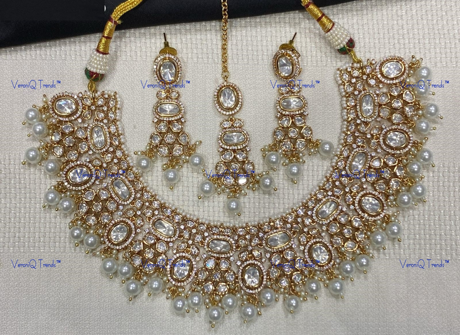 VeroniQ Trends-Elegant Bridal Gold Plated Kundan Polki Necklace With Beads Polki-Gold Plated-Wedding Jewellery-Punjabi Jewellery-South Indian-Thappa Jewellery