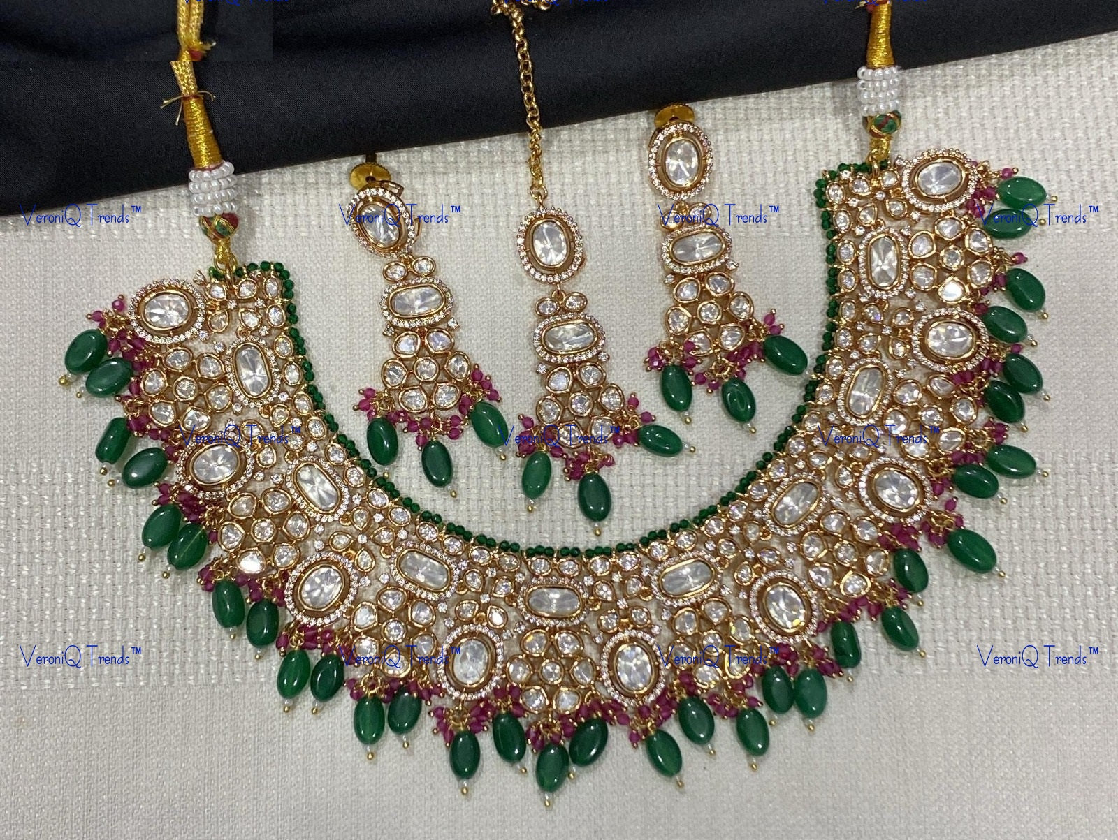 VeroniQ Trends-Elegant Bridal Gold Plated Kundan Polki Necklace With Beads Polki-Gold Plated-Wedding Jewellery-Punjabi Jewellery-South Indian-Thappa Jewellery