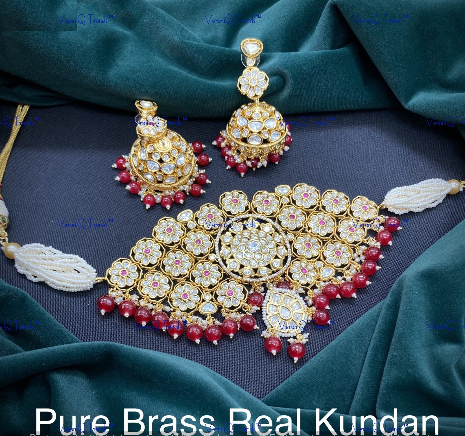 VeroniQ Trends-Rajwadi Style Multistrand Kundan Polki Choker Necklace With Red Beads Polki-Gold Plated-Wedding Jewellery-Punjabi Jewellery-South Indian-Thappa Jewellery