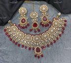 VeroniQ Trends-Royal Bridal Ruby And Emerald Stone Kundan Polki Necklace With Beads Polki-Gold Plated-Wedding Jewelry-Punjabi Jewelry-South Indian-Thappa Jewelry